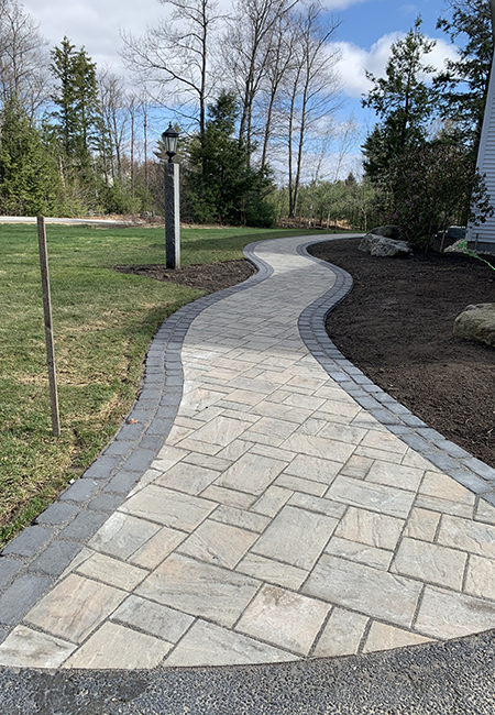 Designer concrete paver walkway installed by CR Hardscapes in Goffstown NH